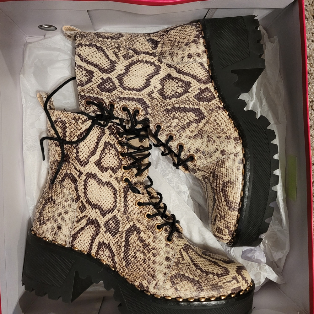 Vince Camuto Brown Black Snakeskin Combat Moto Boots
